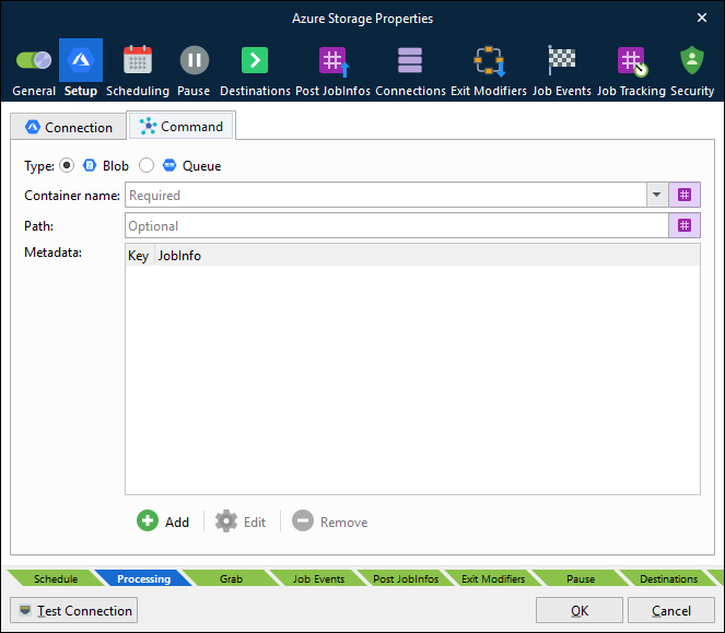 The Command tab for an Azure Storage input module with Blob selected.
